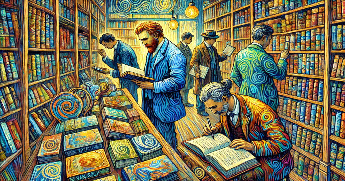 Distintos tipos de coleccinistas de libros en una librería al estilo de un cuadro de van gogh. Imagen generada con IA